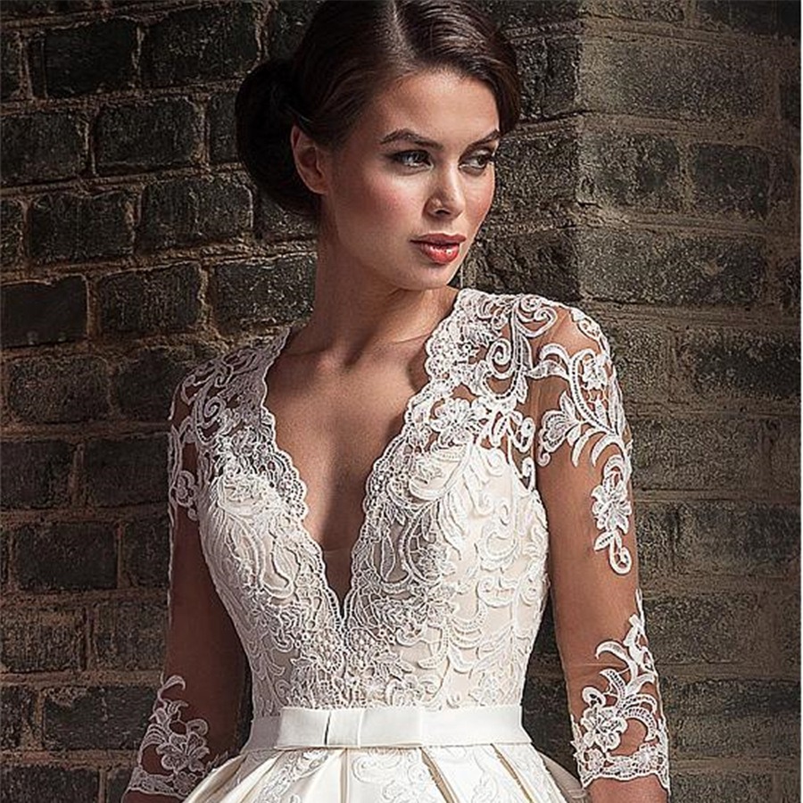 Vestido de novia de comercio exterior 2024 Nuevo estilo longitud del piso de encaje nupcial adelgazamiento manga larga forjado sexy cuello en V simple fotografía de viaje longitud del piso