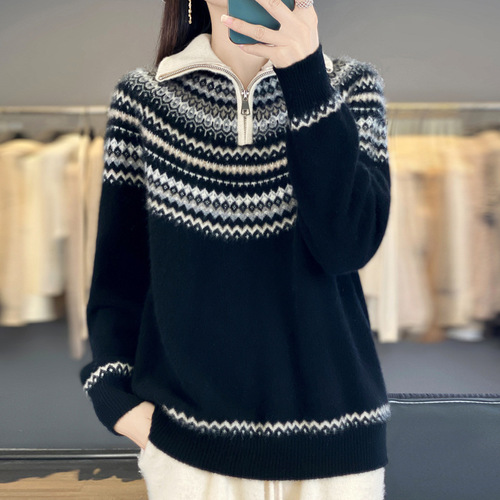 Retro jacquard cardigan women's autumn and winter new age-reducing zipper cashmere sweater Fairisland lapel warm sweater