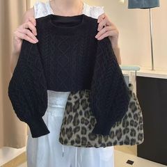 女童秋季套装2025新款韩版女宝宝洋气钩花短款毛衣豹纹短裙两件套