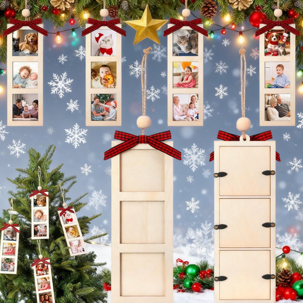 Red Plaid Christmas Wooden Photo Frame DIY Wooden Photo Frame Festive Atmosphere Hanging Decoration Christmas Tree Party Decorations