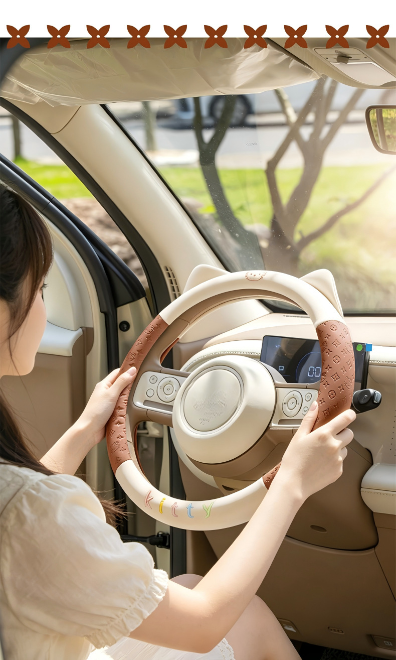 2026 New Model Leather Embossed Cat Ear Design Dirt-Resistant Breathable Non-Slip Cross-Border Four-Season Universal Car Steering Wheel Cover
