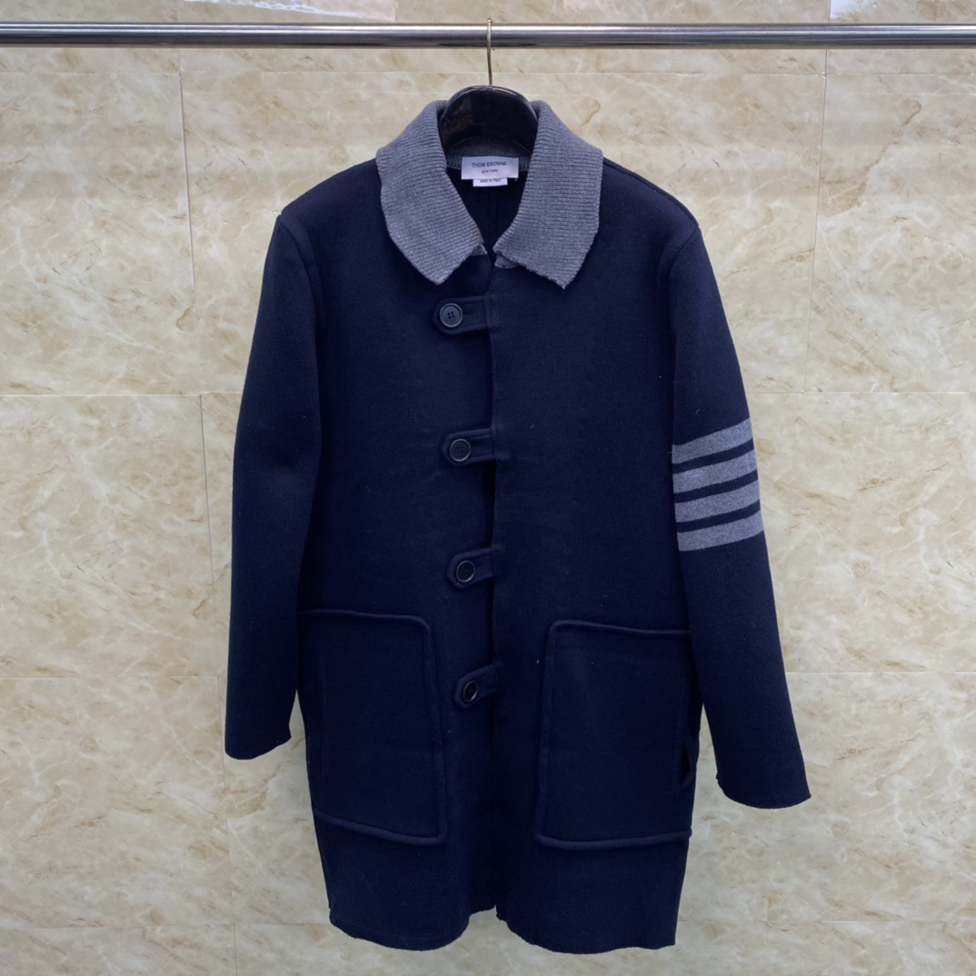 TB factory direct sales winter new classic four-stripe long knitted lapel button coat unisex outerwear