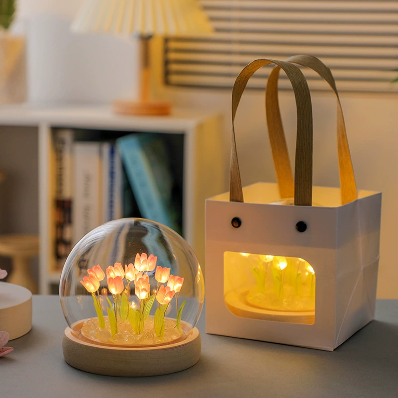 Night light tulip lamp, creative table lamp, battery or glass shade, 9–20 tulips, 13×13×15 cm