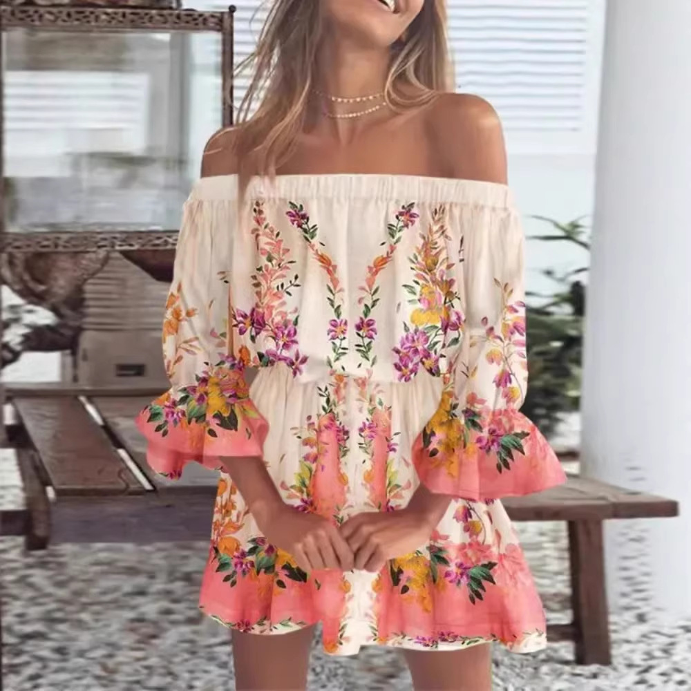 Vestido sexy de moda con estampado de un solo hombro para mujer, estilo europeo y americano, para el mercado transfronterizo de Amazon, 2023
