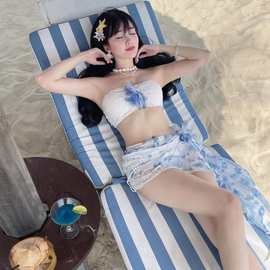 2026新款纯欲风分体抹胸性感比基尼沙滩长裙三件套海岛度假泳装