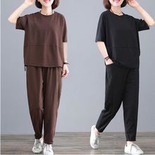 L~5XL宽松运动套装女2025年跨境夏季简约百搭短袖阔腿长裤两件套