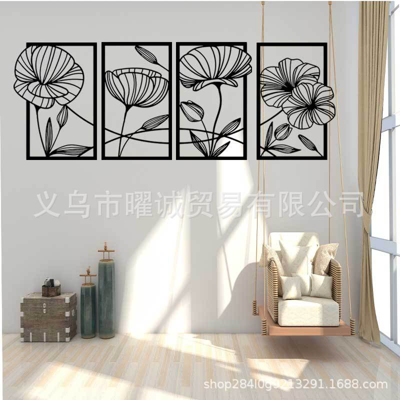 跨境热卖池塘荷花墙饰拼接四件套平面金属立体线条美荷花叶墙壁装