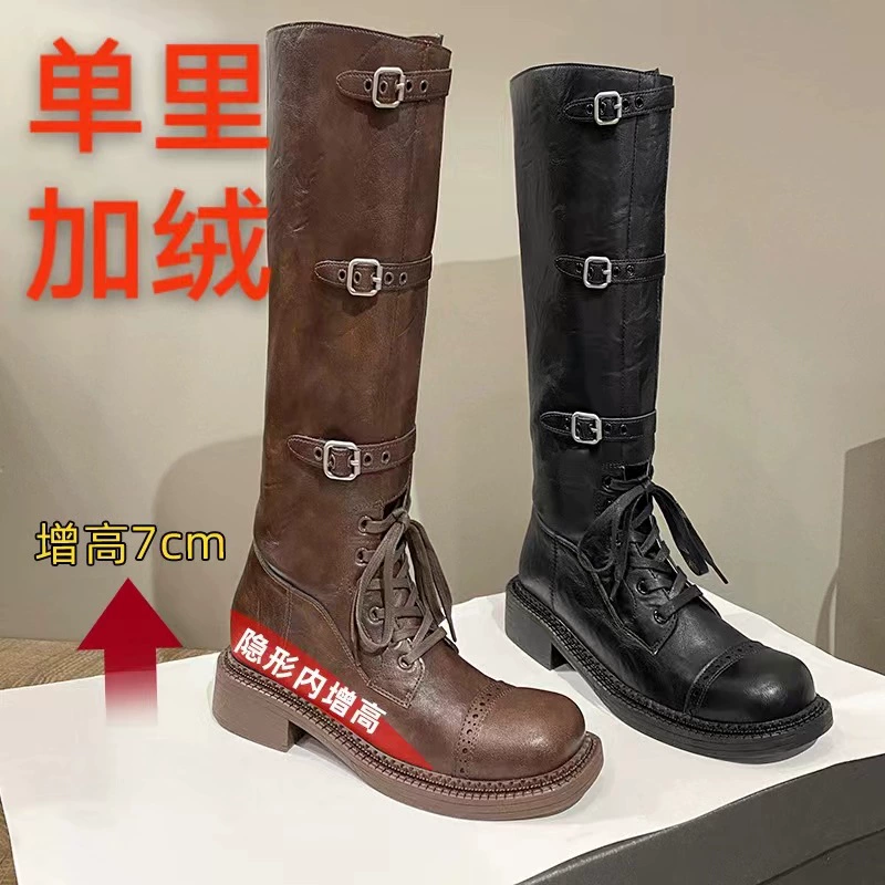 Но сапоги до колена 2024, осень и зима, новый стиль, старый ремень с пряжкой, рыцарские сапоги в стиле ретро, модные женские ботинки на шнуровке