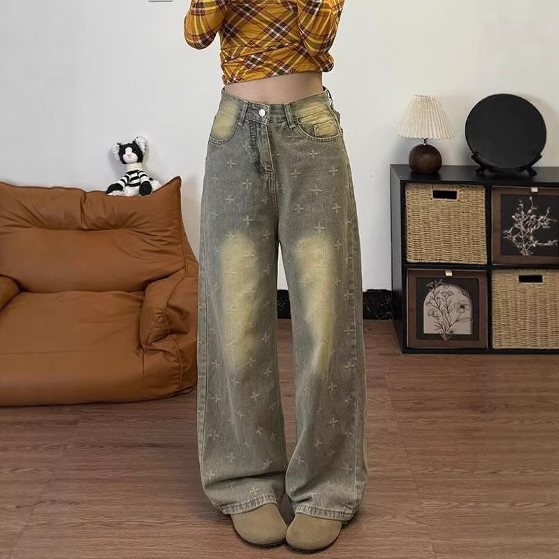 Cross Star Print Design Wide-Leg Jeans for Women, Loose Fit, Flattering for Curvy Figures, Slimming for Pear-Shaped Body, Straight Wide-Leg Pants
