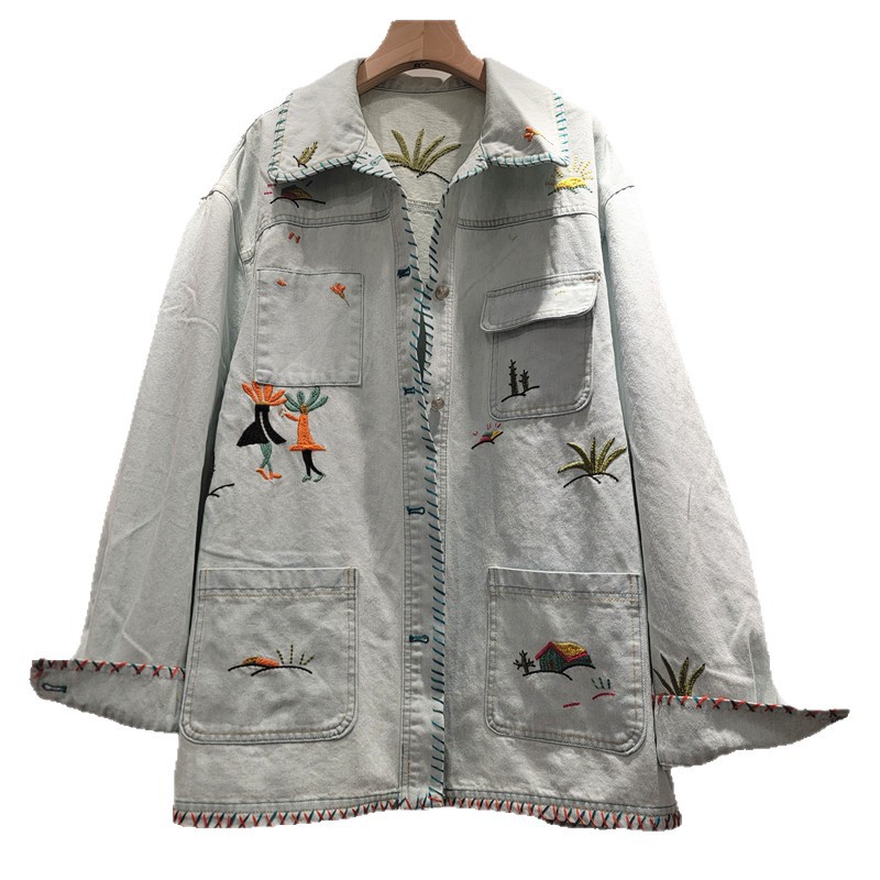 Chaqueta de Mezclilla Holgada con Bordado para Mujer Poliéster Corte Holgado Con Bordado Manga Larga