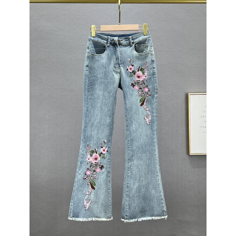 Women's Jeans 2026 New Spring/Summer Elastic High-Waisted Slim-Fit Ethnic Style Embroidered Flared Pants