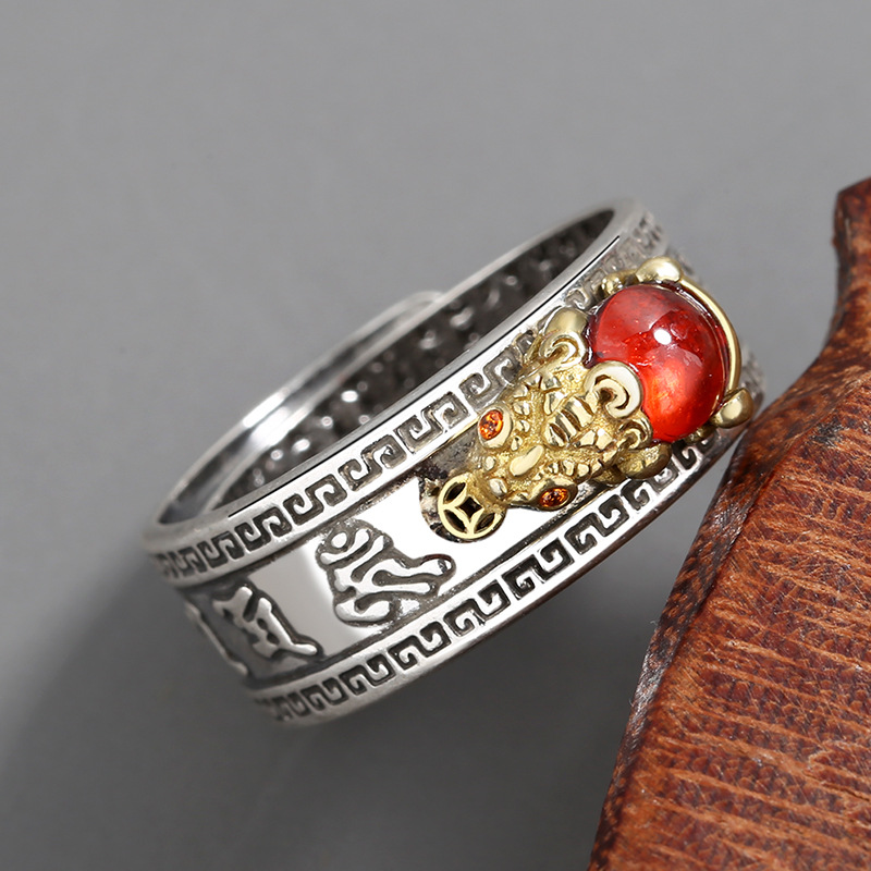 Vintage Thai Silver Garnet Pixiu Ring Adjustable Men Ring_voghion.com