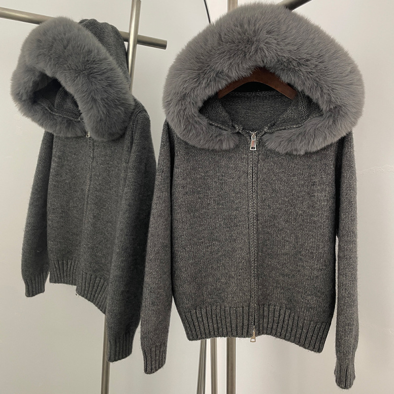 Imitation Fox Fur Collar New Hooded Zip-Up Jacket Loose-Fit Sweater Autumn and Winter Stylish Knitwear Top Trendy Imitation Fox Fur Collar New Hooded Zip-Up Jacket Loose-Fit Sweater Autumn and Winter Stylish Knitwear Top Trendy