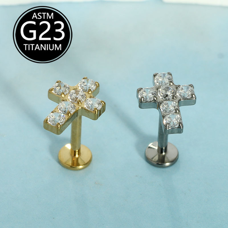 G23 Titanium Cross Stud Earring Lip Labret Nail with 5A Zircon - 1.2mm x 10mm detail image 7
