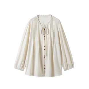 2025 Korean Style Round Neck Lace Puff Sleeve Shirt for Women Spring and Summer Design Pleated Straps Single-Breasted