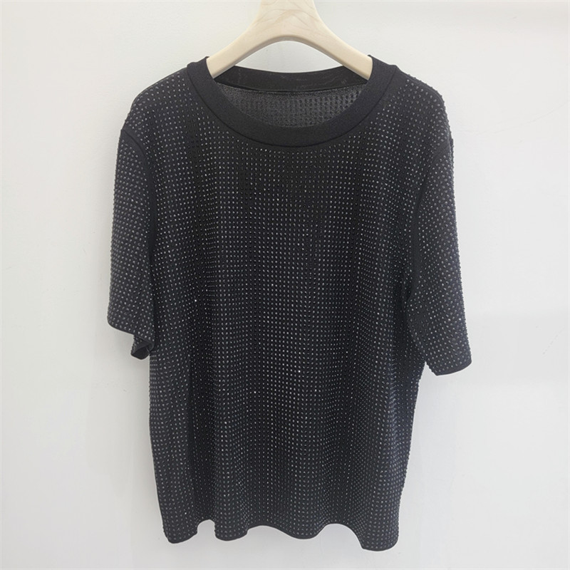 Diseño de diamante caliente de industria pesada sensación de cuello redondo chaqueta de alta calidad gran sensación de camiseta de verano de mujer nueva moda de blusa suelta versátil image 6