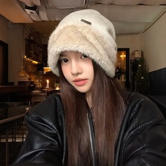 韩系毛绒堆堆帽2025新款大头围防寒针织帽子女冬保暖护耳包头冷帽