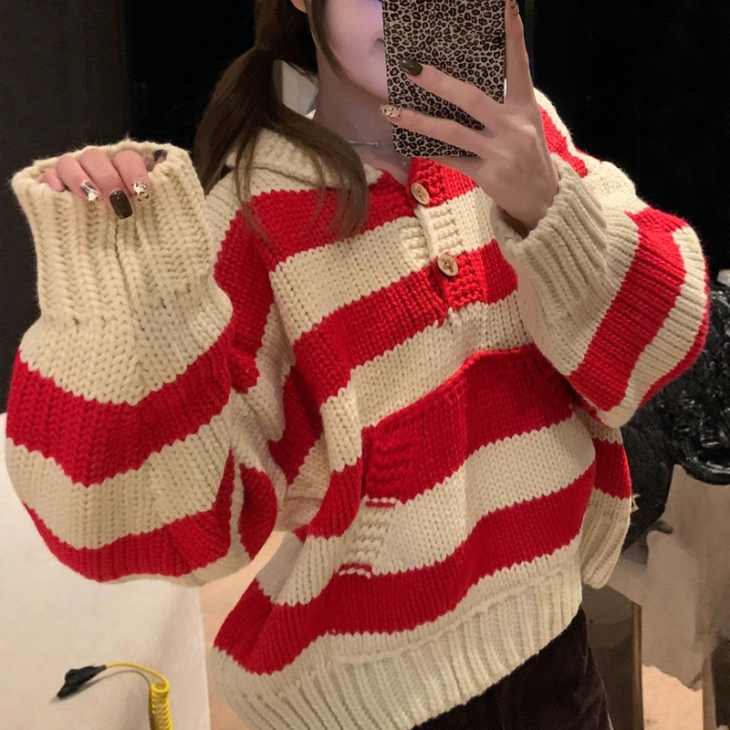 Kong Fan Na Confession Coordinates Heavy Industry Thick Line Striped Knit Sweater Women's Autumn Winter Color Block Turn-Down Collar Top Kong Fan Na Confession Coordinates Heavy Industry Thick Line Striped Knit Sweater Women's Autumn Winter Color Block Turn-Down Collar Top