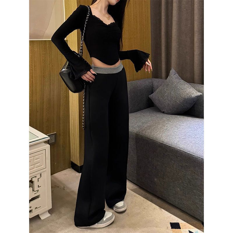 American Color Contrast Waist Sports Casual Pants Women's Early Spring Lazy Style Pants Loose-fit Sweetpants Straight Leg Wide-leg Pants
