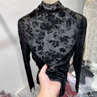 半高领印花雪纺衫蕾丝长袖女装2026年新款秋款拼色上衣网纱打底衫