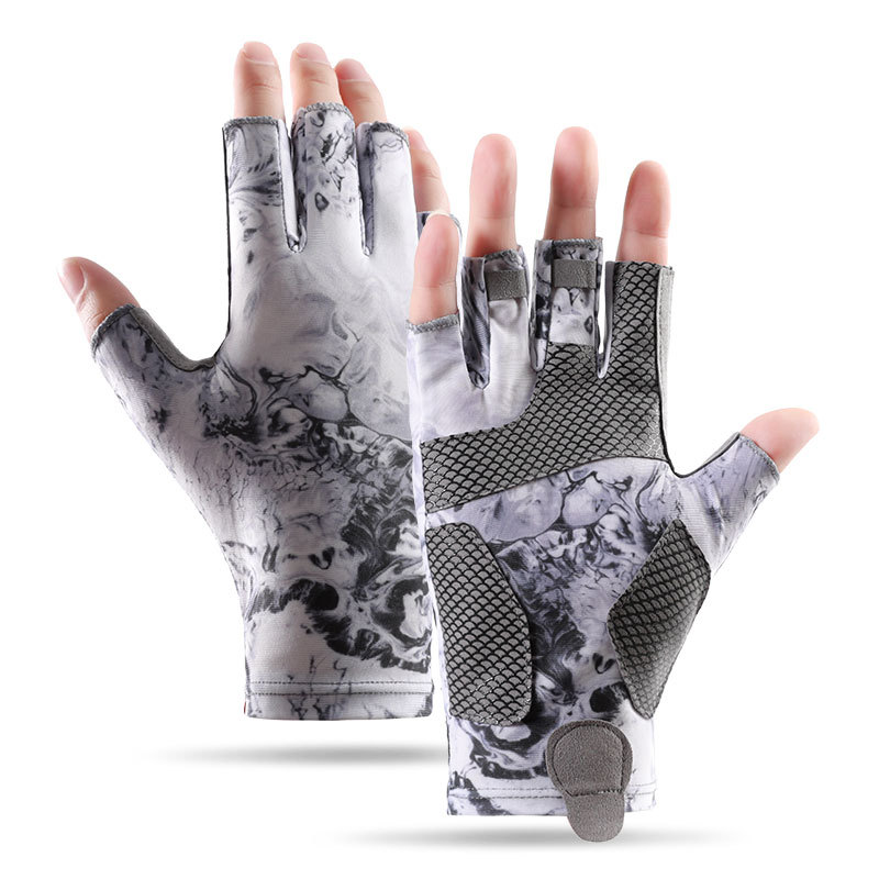 Guantes de pesca de los hombres de primavera y verano al aire libre de la pesca protección solar antideslizante resistente al desgaste camuflaje frío hielo seda medio dedo transpirable DY