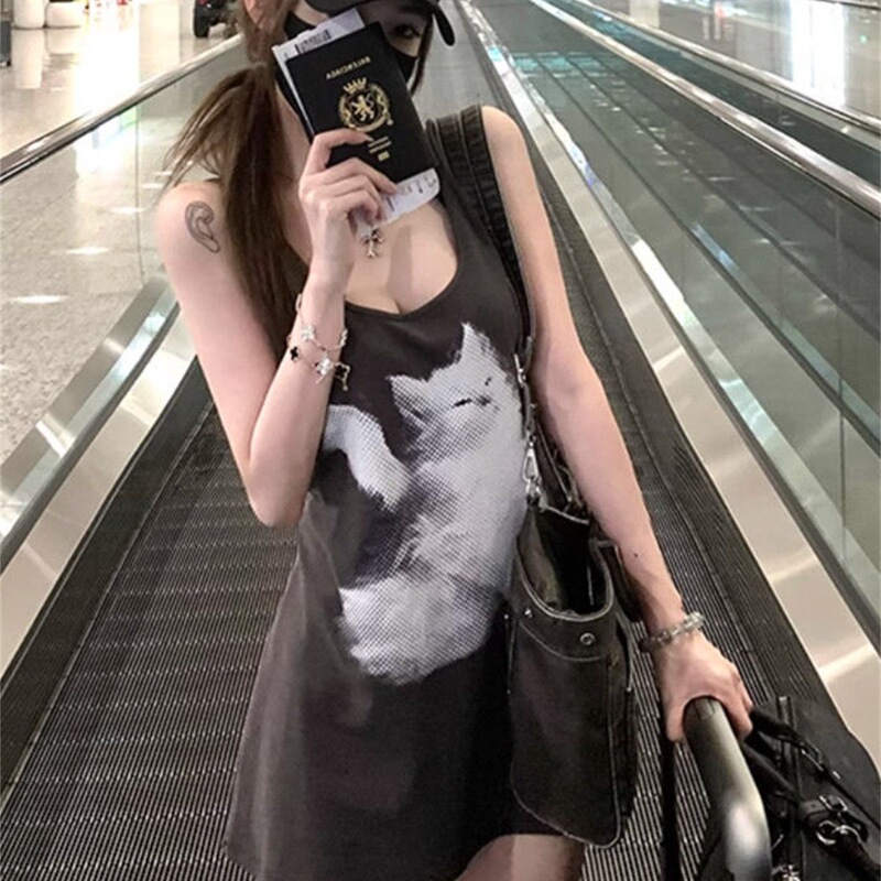 U-Neck Wide Neckline Tie-Up Two-Way Wear Camisole Dress for Women, Summer Cat Print Tank Top, Outerwear Short Skirt Top U-Neck Wide Neckline Tie-Up Two-Way Wear Camisole Dress for Women, Summer Cat Print Tank Top, Outerwear Short Skirt Top