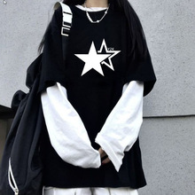 2025夏季跨境新款字母印花套头上衣韩版宽松假两件长袖袖T恤女