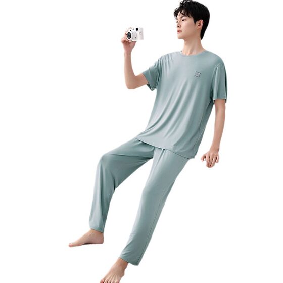 Modal pajamas men's summer thin short-sleeved trousers Ice Silk home wear summer loose plus size suit