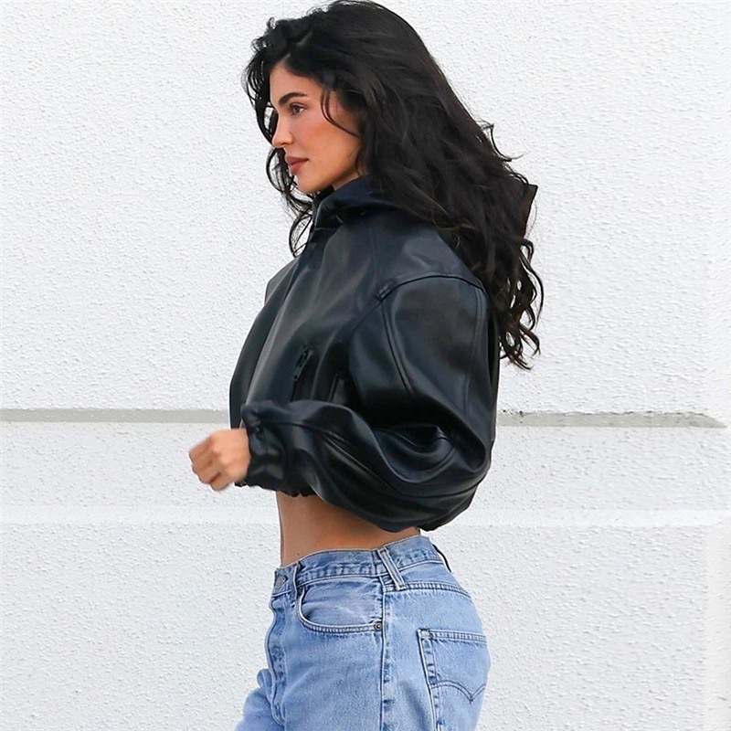Trendy Faux Leather Hooded Cropped Jacket For Women - Streetwear Biker Style Zippered Long Sleeve Top_ecoleips.com