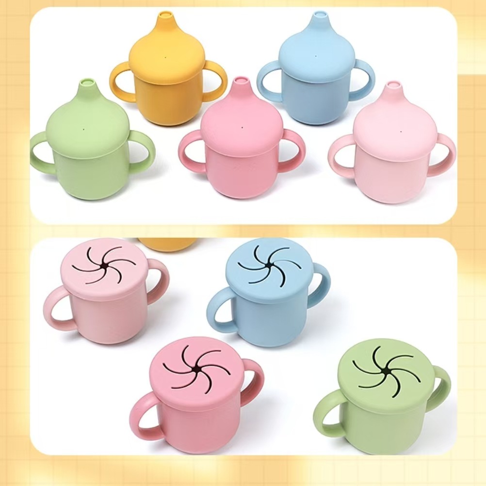 硅胶吸管杯食品级宝宝学饮杯防漏硅胶带盖婴儿水杯便携零食杯安全