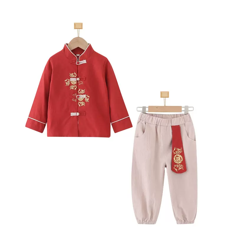 中国风童装男童唐装亚麻套装汉服春秋装儿童国学宝宝幼儿园表演服