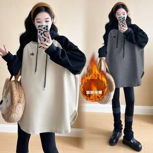 Pregnant women's autumn and winter fashion mom's new Korean style net popular color matching raglan sleeve hooded fleece-lined thick loose long sleeve sweater