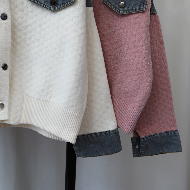 Women's Clothing autumn and winter new splicing denim knitted cardigan loose contrast color casual temperament sweater jacket for women_voghion.com