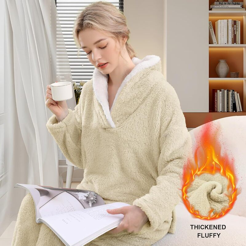 Women Fluffy Pajamas Set Soft and Plaid Fleece Pullover Pants Loose Stuffed Sleepwear Winter Home Clothes