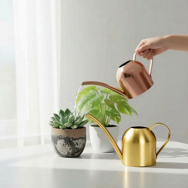 Acero inoxidable boca larga regadera metal planta verde regadera de oro pequeña regadera jardinería 500ml