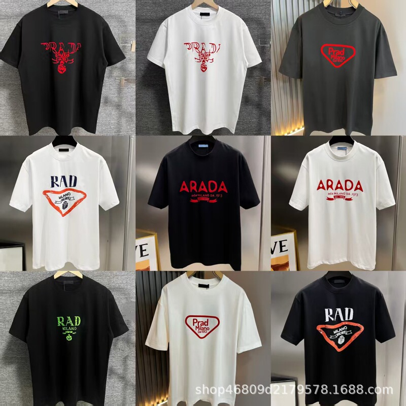 Cross-Border Trendy Brand Pujia Triangle Logo Flocking Logo Summer New High Version Pjia Short-Sleeved T-Shirt for Men and Women Couples