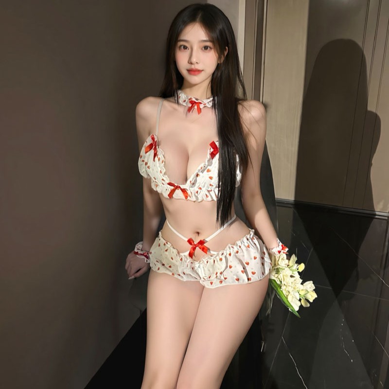 섹시 속옷, 섹시한 3점 딸기 시스루 슈트, 달콤하고 귀여운 소녀 스플릿 파자마 F17