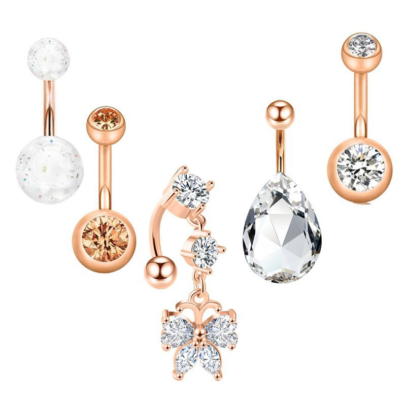 Stainless Steel Zircon Belly Ring Set - 5 Piece Navel Piercing Jewelry with Cactus Floral Design detail image 8