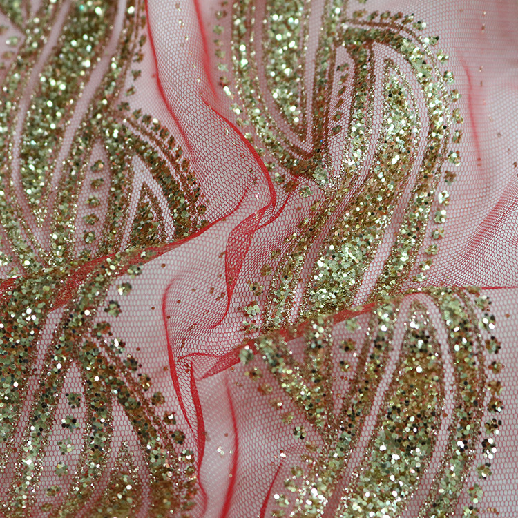 Fabricantes promociones a bajo precio spot oro pulverizado oro alto brillo tela vestido de boda accesorios de encaje