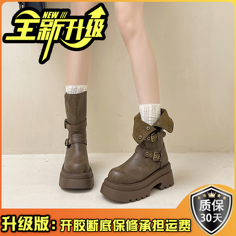 时尚百搭厚底皮靴增高两穿马丁靴女秋冬季复古扣带骑士靴机车短靴|undefined