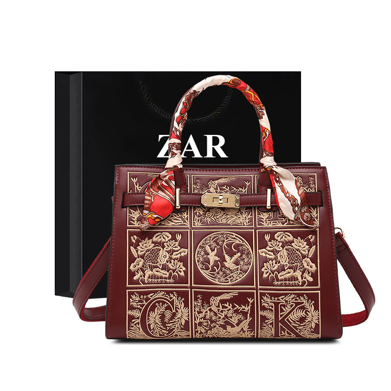 Bolso bordado estilo chino bolso de la mujer de gran capacidad bolso de la madre elegante bordado estilo étnico bolso de la boda Rojo