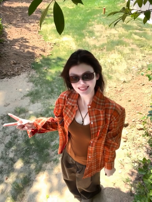 美式复古橙色宽松刺绣格子长袖衬衫开衫上衣女休闲慵懒感百搭外套|undefined