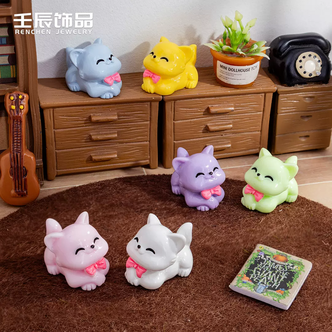 微景观创意娃娃屋可爱蝴蝶结小猫树脂小动物 diy装饰品萌粒小摆件