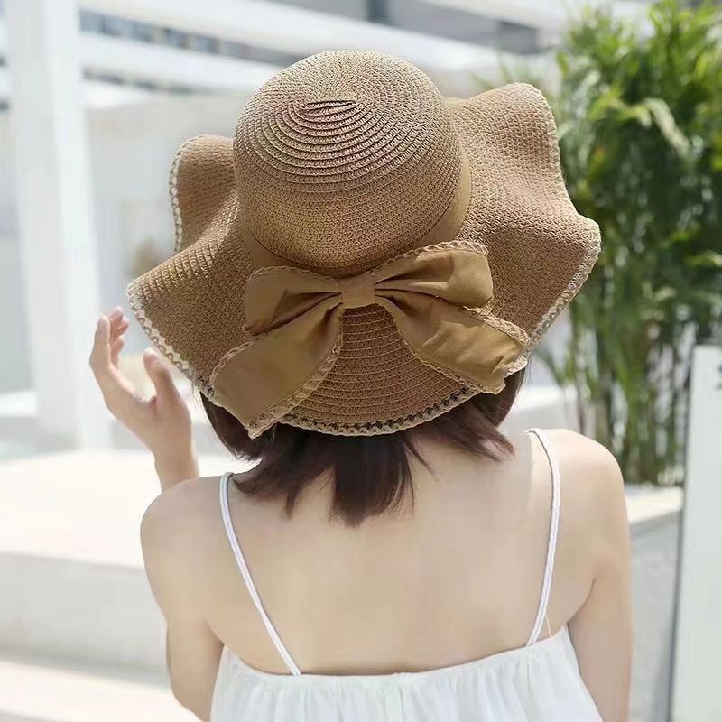 New straw hat women's beach hat seaside vacation sun protection Korean style versatile sun hat with bow summer hat