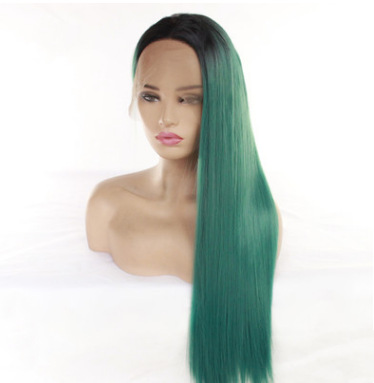 Cabello recto europeo y americano pelucas mujeres nuevas T verde largo frente pelucas de fibra química de encaje de seda de alta temperatura LW0007