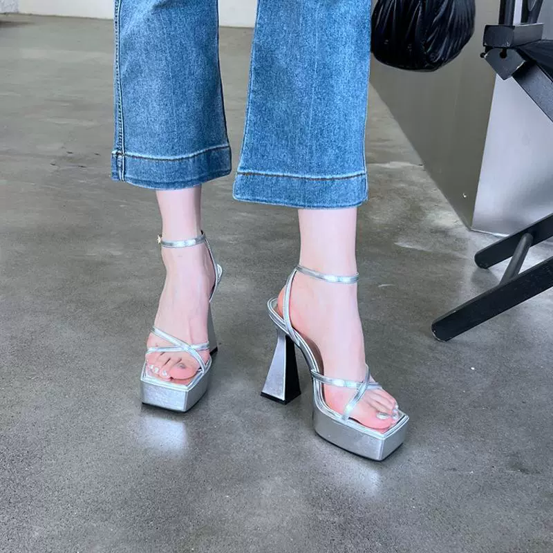 Босоножки на толстом каблуке, лето 2025, новые, для ночных клубов и банкетов, на толстой подошве, универсальные, водонепроницаемые, на платформе, с квадратным носком, высокие каблуки, женские босоножки