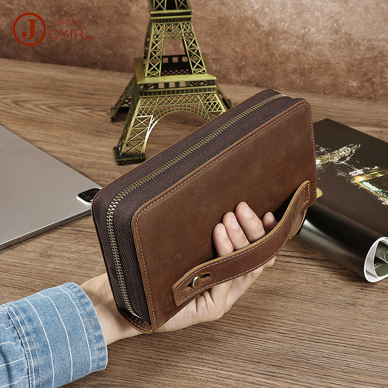 New Genuine Leather Long Wallet Men's Card Bag Men's Zipper Multi-Card Handbag Crazy Horse Leather Large Capacity Clutch Bag