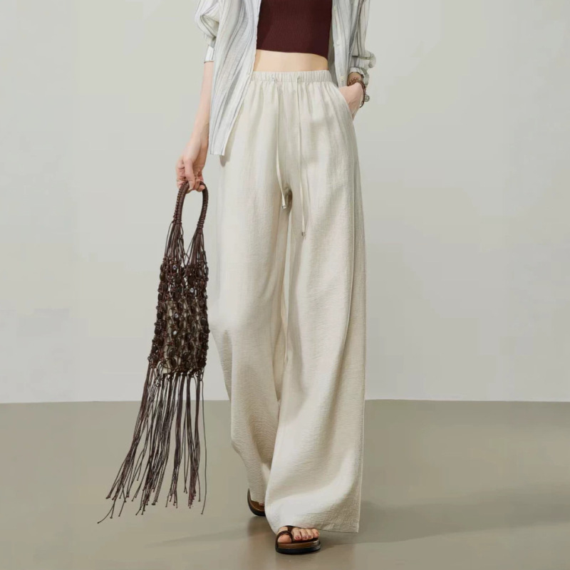 Natural Narrative, Lazy Elegance, Old Money Linen High-Waisted Wide-Leg Pants, Relaxed Vibe, Yamamoto-Style Wrinkled Drawstring Casual Straight-Leg Pants