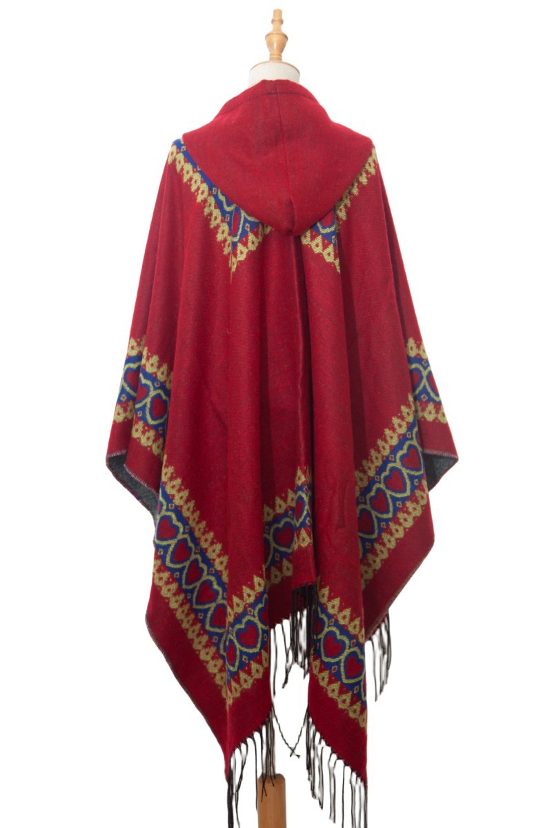 Mantello invernale unisex con scialle primaverile e autunnale Stile etnico Mantello con cappuccio con frange rosse Love_voghion.com