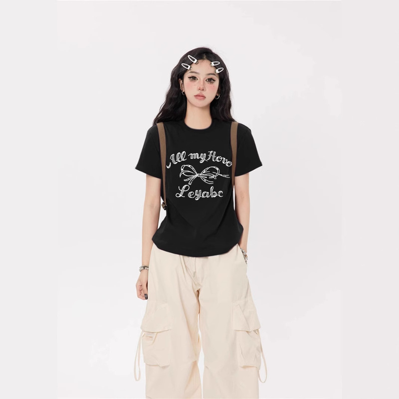 Black Shoulder Slim-fit Short-sleeved T-shirt Women's 2025 Summer New Arrival Elegant All-match Slim-fit Top with Bow
